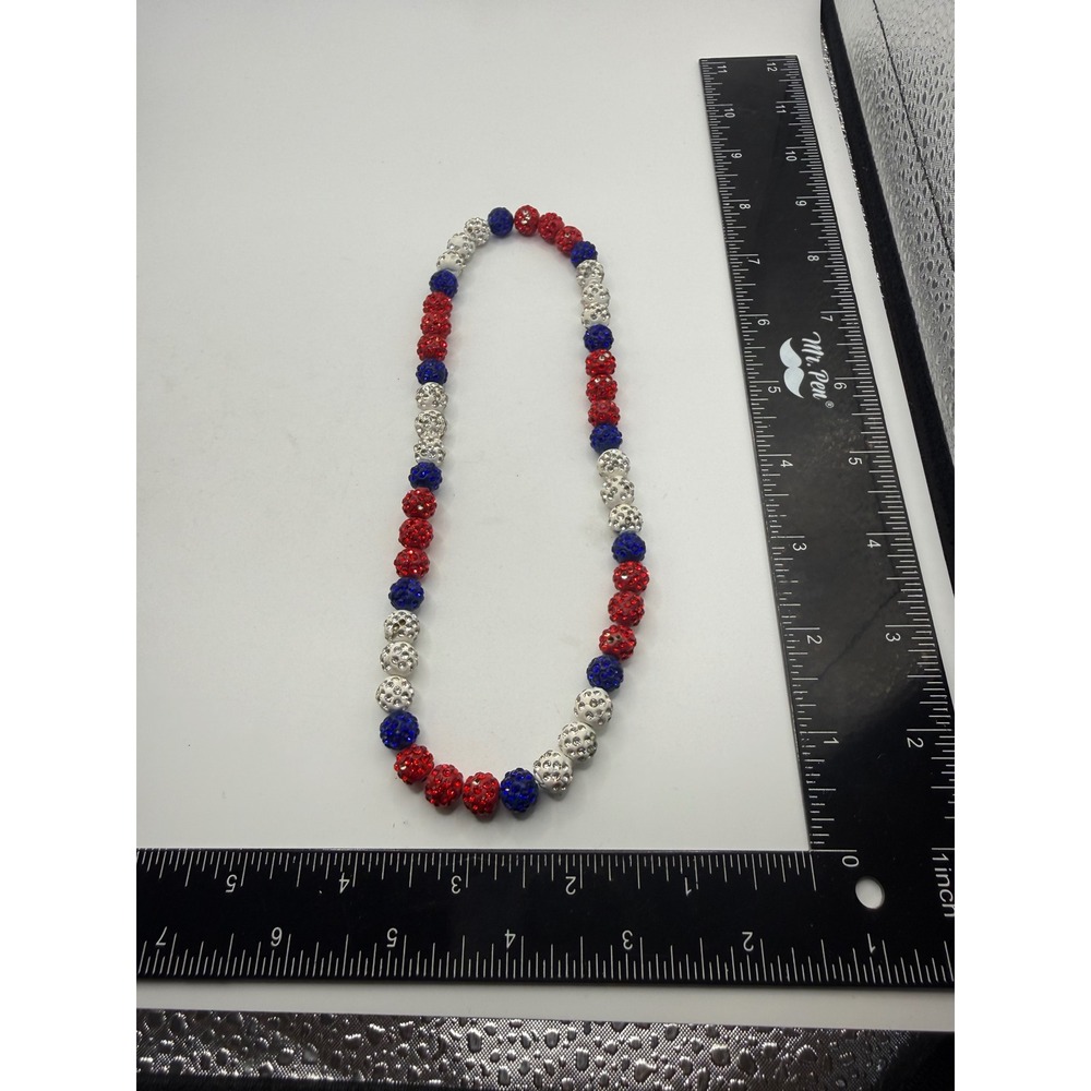 Red White Blue Rhinestone Disco Ball Bead Necklace Patriotic Americana 18 Inch - Picture 3 of 3